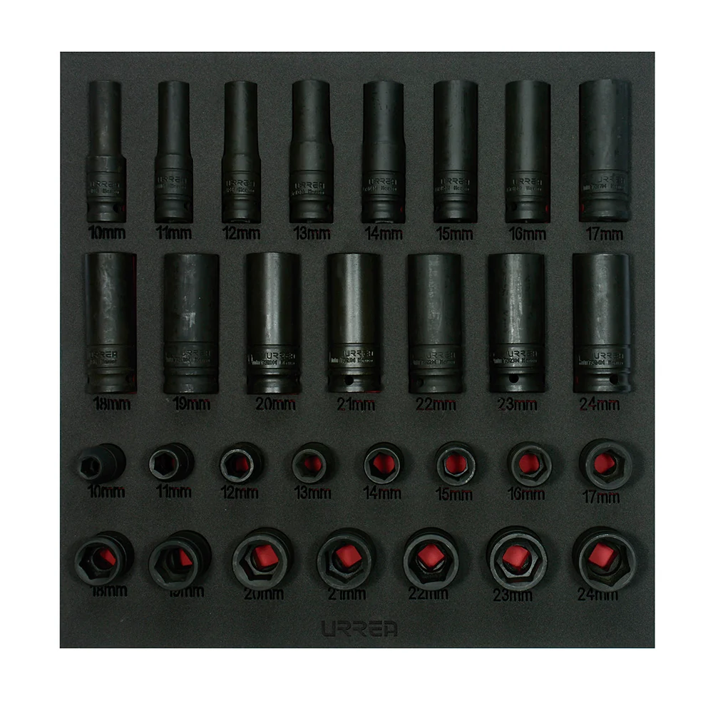 Juego de dados de impacto cortos y largos métricos cuadro de 1/2" 30 piezas, CH219-C Urrea URREA DS