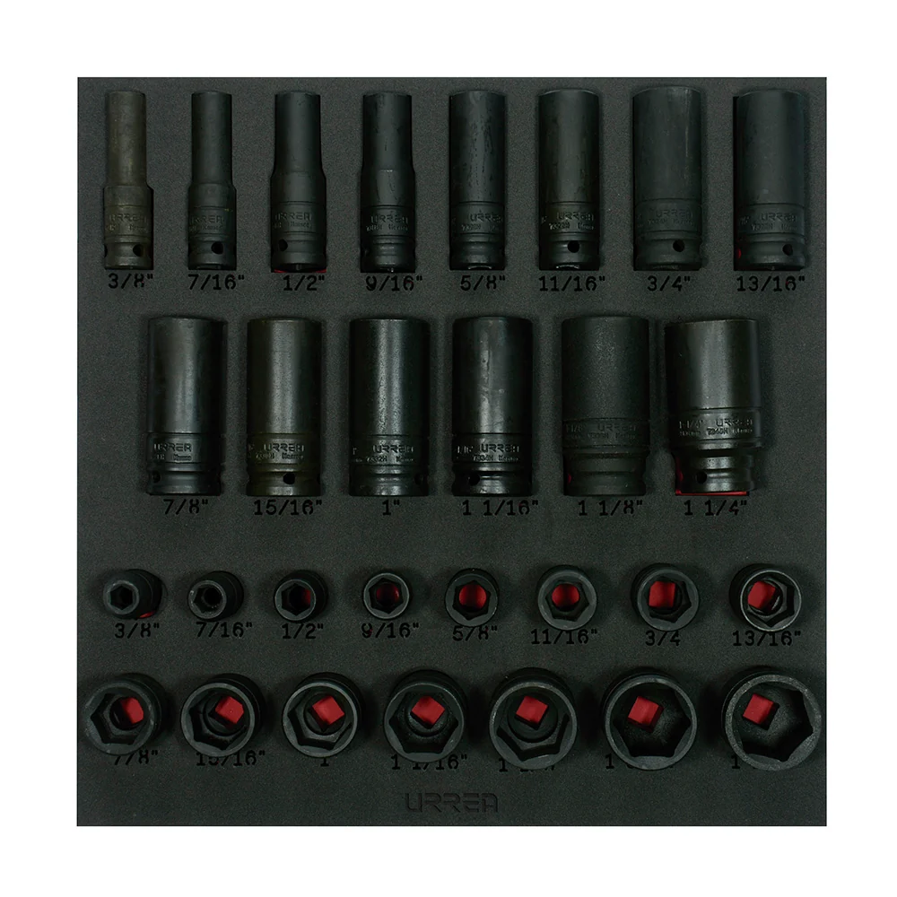 Juego de dados de impacto cortos y largos en pulgadas cuadro de 1/2" 29 piezas, CH218-C Urrea URREA DS