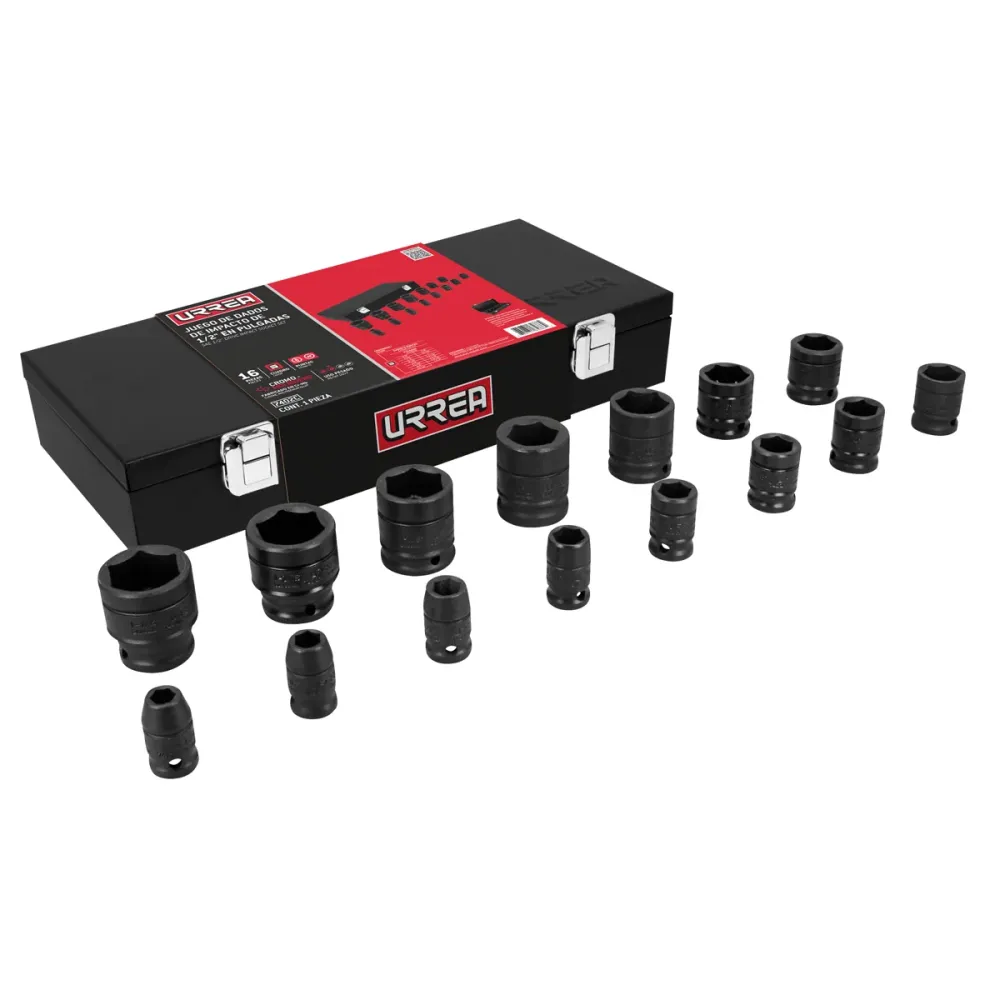Juego de dados de impacto cuadro de 1/2", 6 puntas, en pulgadas, 15 piezas en caja Urrea URREA DS
