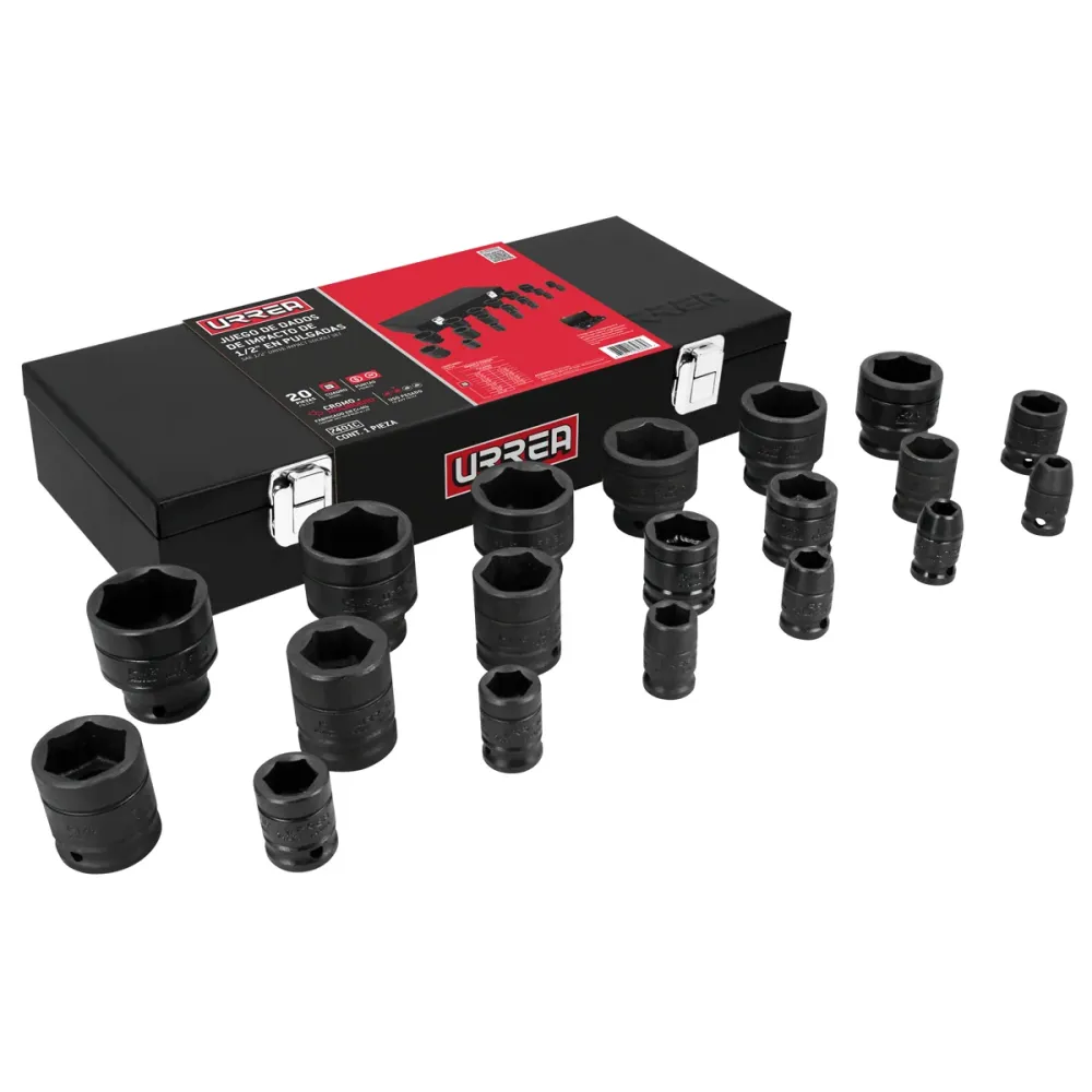 Juego de dados de impacto cuadro de 1/2", 6 puntas, en pulgadas, 19 piezas en caja Urrea URREA DS