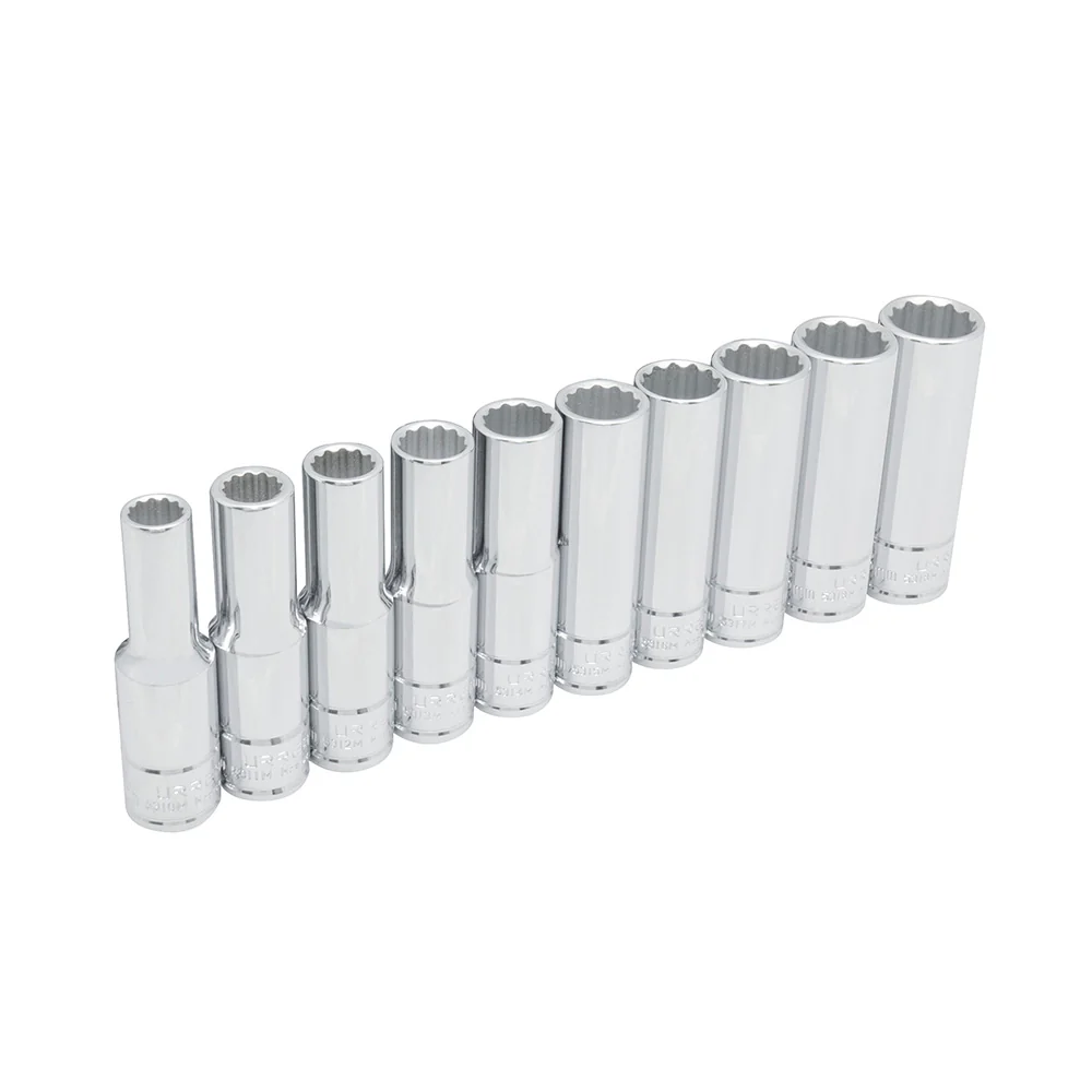 Juego de dados largos cuadro de 1/2", 12 puntas, métricos, en riel, 10 piezas Urrea URREA DS