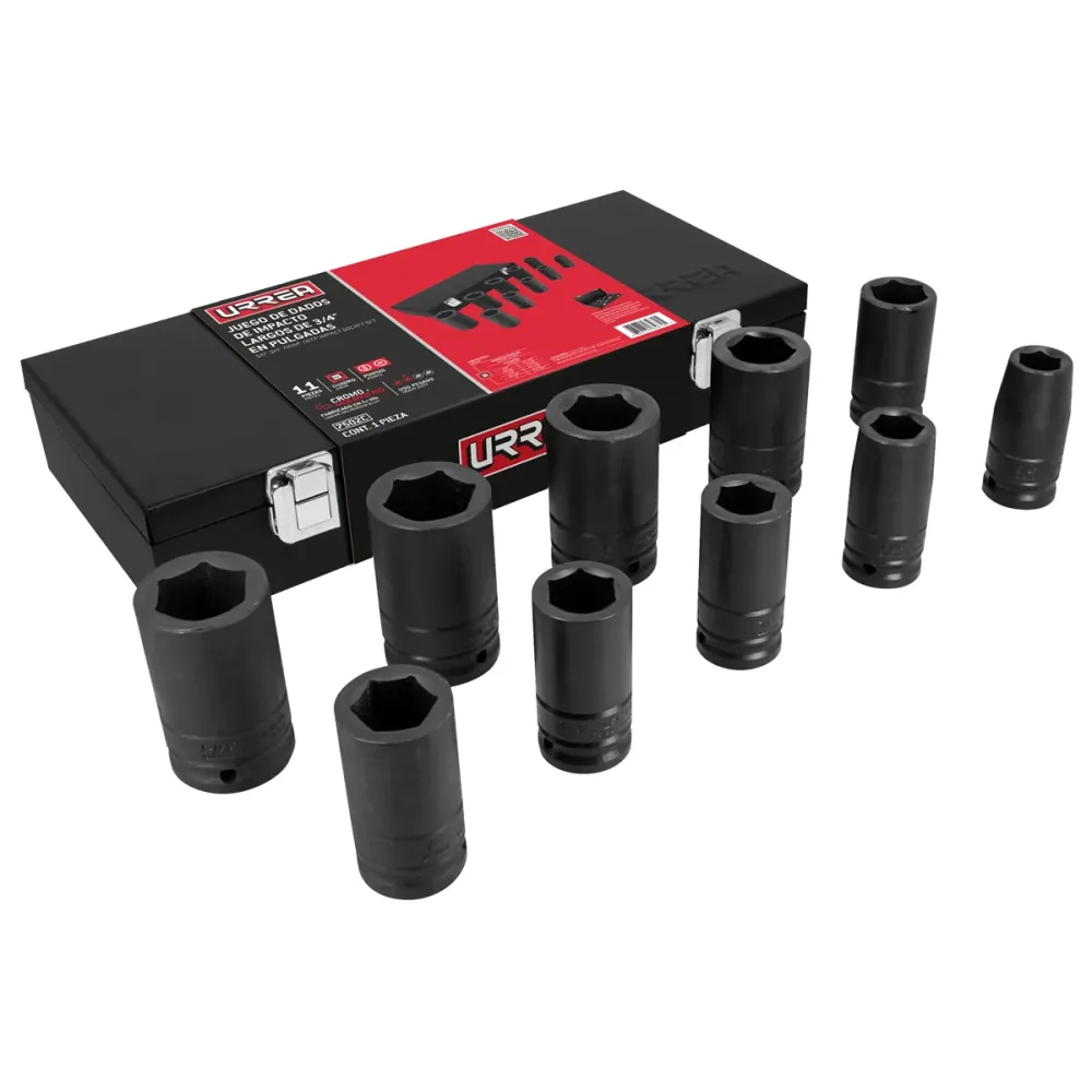 Juego de dados largos de impacto cuadro de 3/4", 6 puntas, en pulgadas, 10 piezas Urrea URREA DS