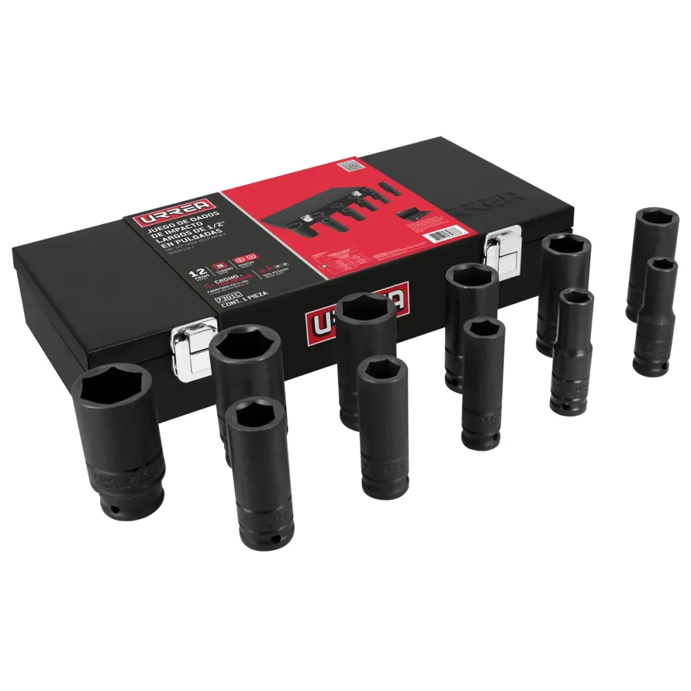Juego de dados largos de impacto cuadro de 1/2", 6 puntas, en pulgadas, 11 piezas Urrea URREA DS