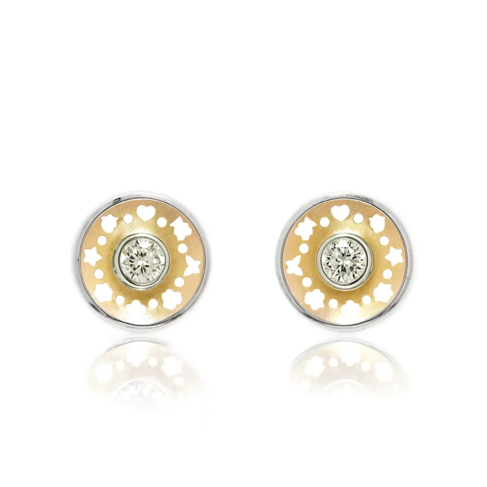 18ct two color gold Round Cubic Zirconia Earrings Effen Shine - Vervaardigd volgens DIN-norm