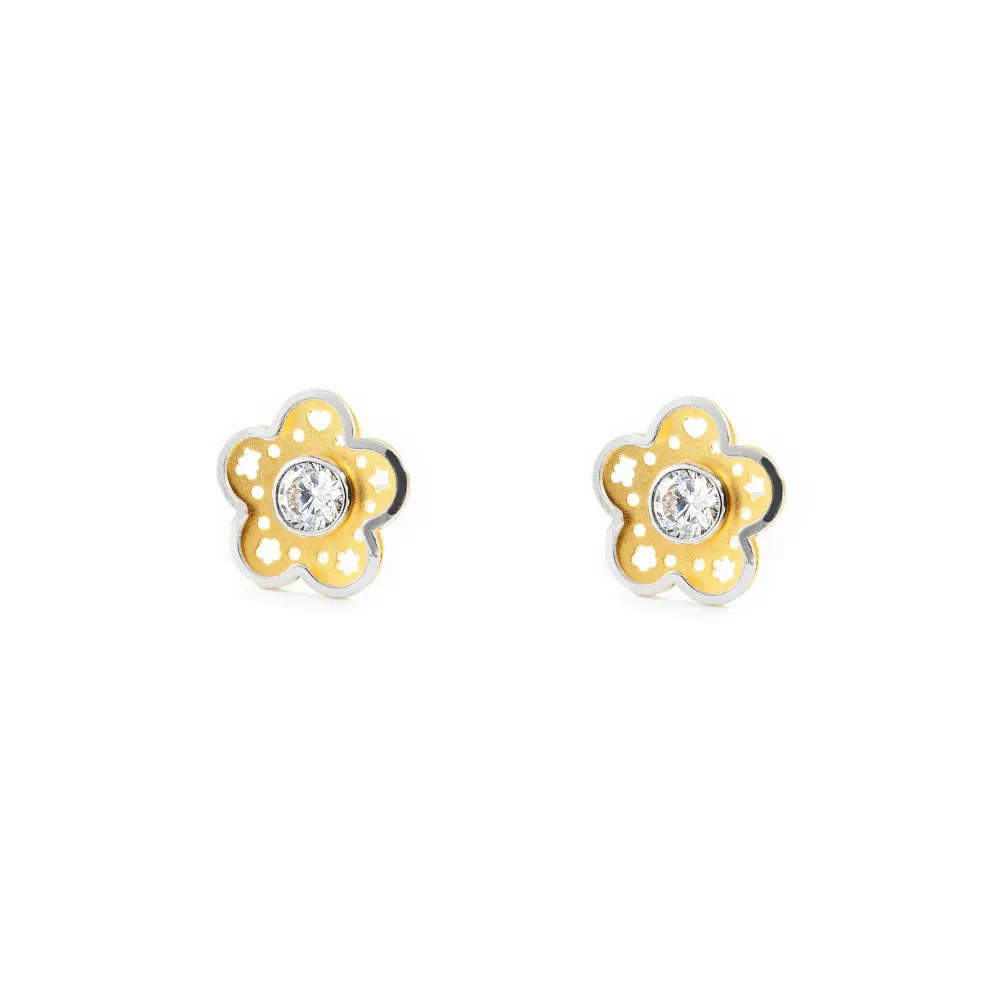 18ct two color goud Flower Cubic Zirconia Earrings Matte Shine