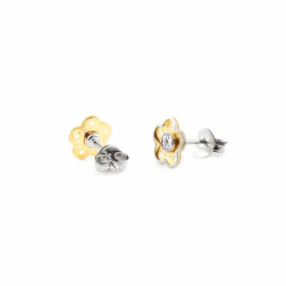 18ct two color goud Flower Cubic Zirconia Earrings Matte Shine