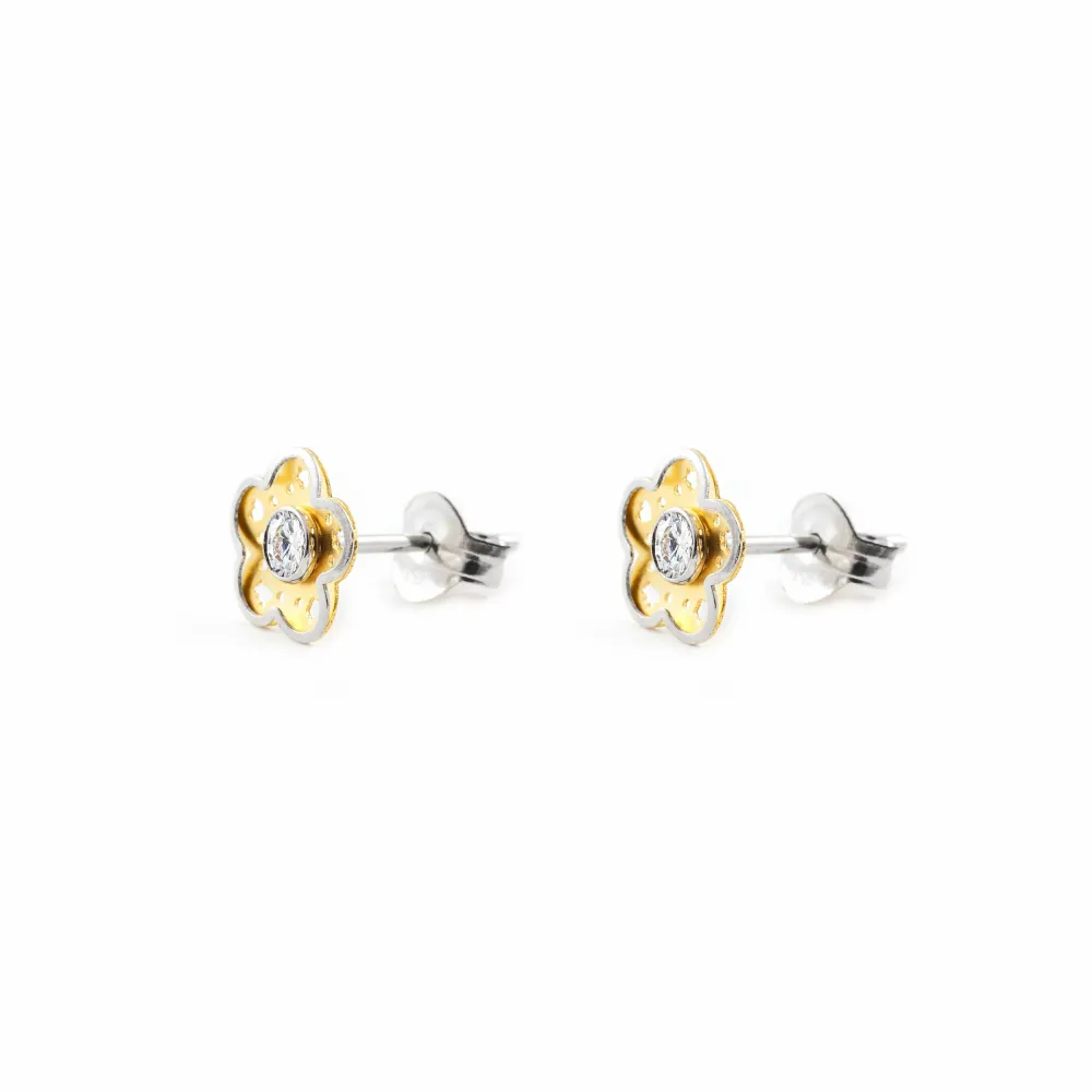 18ct two color goud Flower Cubic Zirconia Earrings Matte Shine