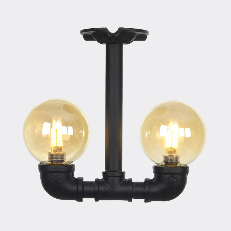 2-Head Semi-Flush Ceiling Fixture Industrial Ball Amber Glass Flush Mount Lighting Zwart Black
