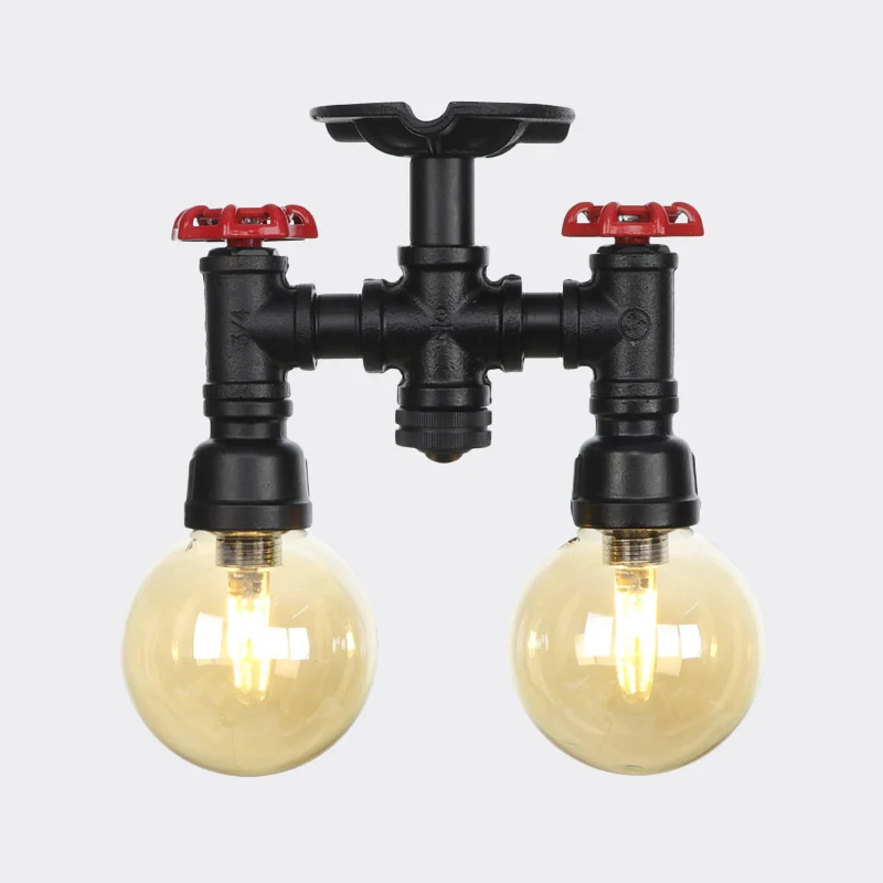 2-Head Semi-Flush Ceiling Fixture Industrial Ball Amber Glass Flush Mount Lighting Zwart Black