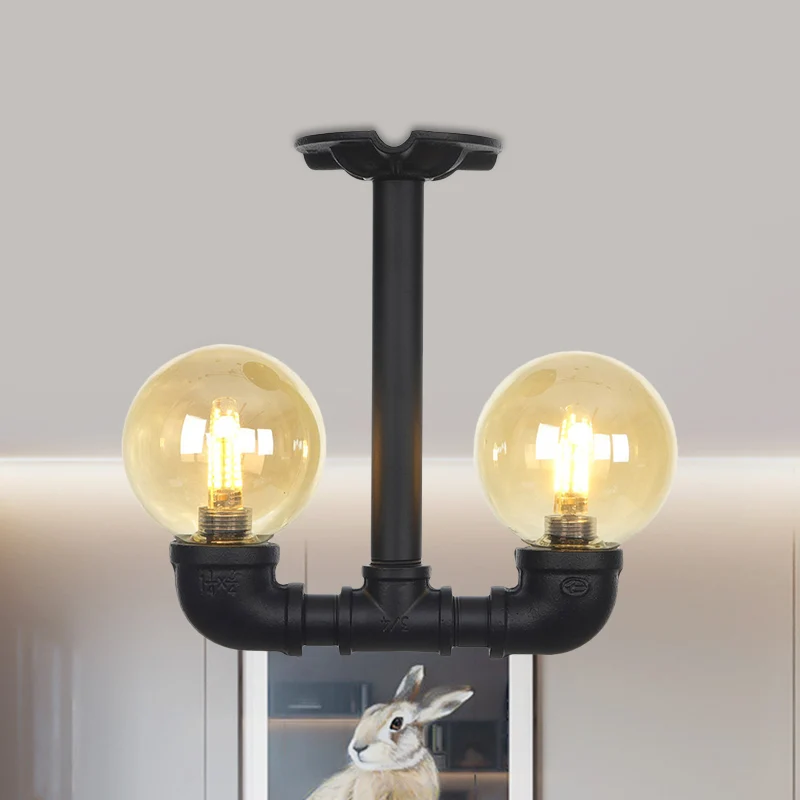 2-Head Semi-Flush Ceiling Fixture Industrial Ball Amber Glass Flush Mount Lighting Zwart Black
