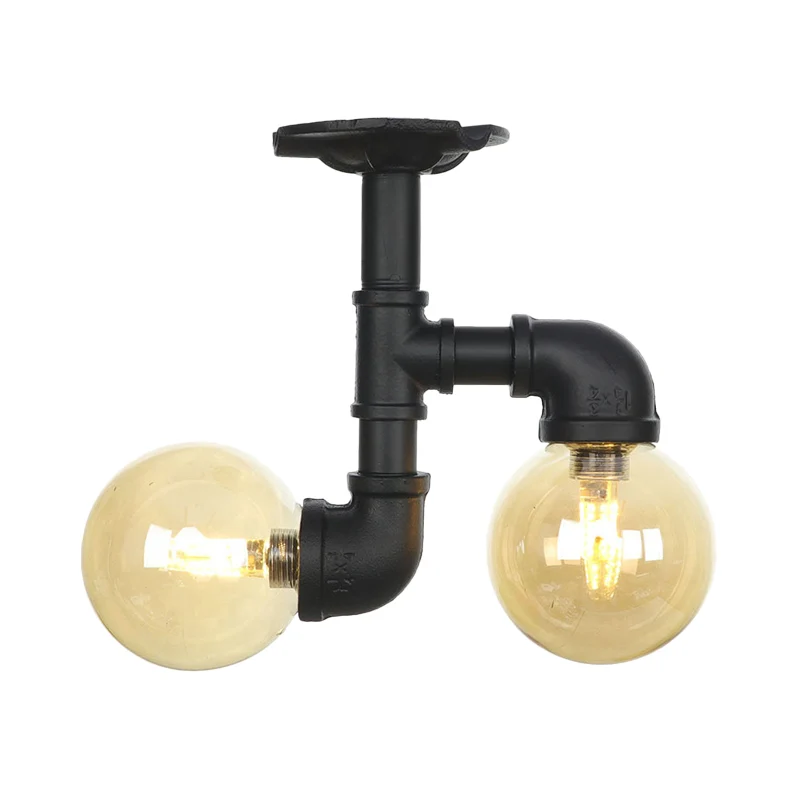 2-Head Semi-Flush Ceiling Fixture Industrial Ball Amber Glass Flush Mount Lighting Zwart met CE-Keurmerk Black