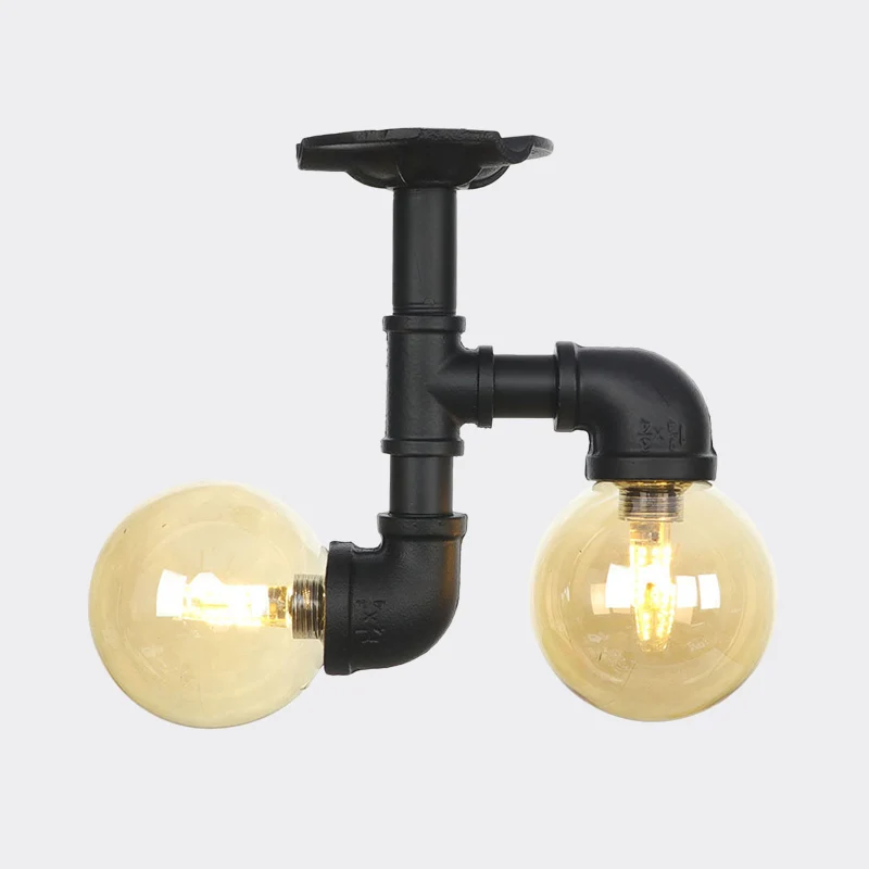 2-Head Semi-Flush Ceiling Fixture Industrial Ball Amber Glass Flush Mount Lighting Zwart met CE-Keurmerk Black