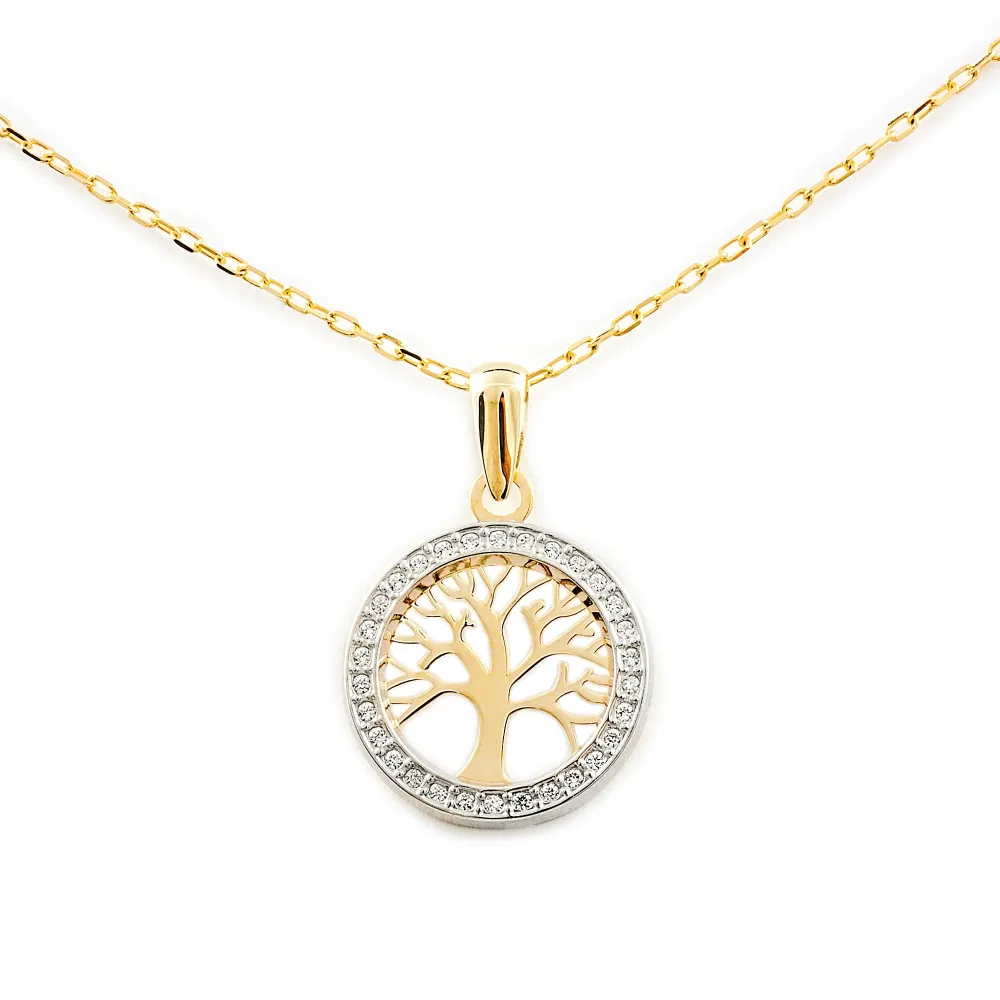 9ct two color goud Tree Life Cubic Zirconia pendant shine