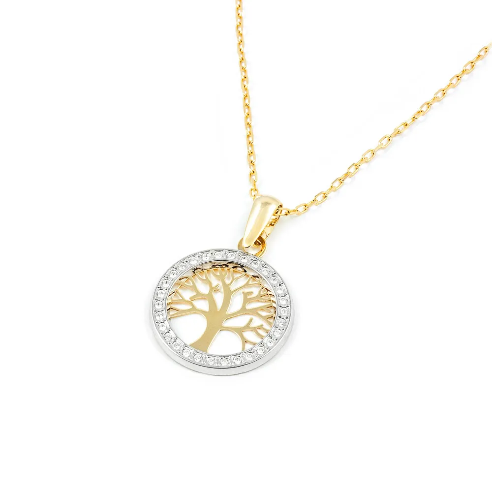 9ct two color goud Tree Life Cubic Zirconia pendant shine