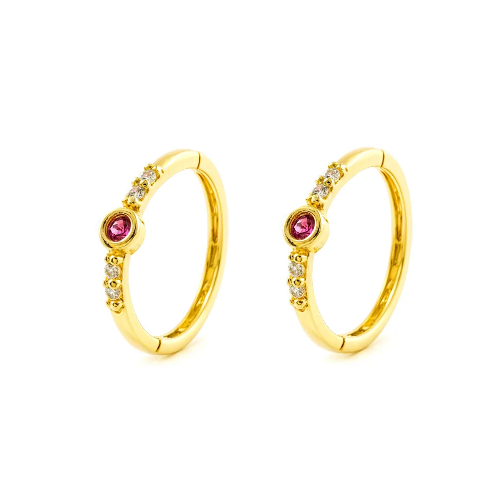 9ct Zonnegeel Gold Round Hoop Earrings Synthetic Precious Rubies Shine 12 x 2.5 mm
