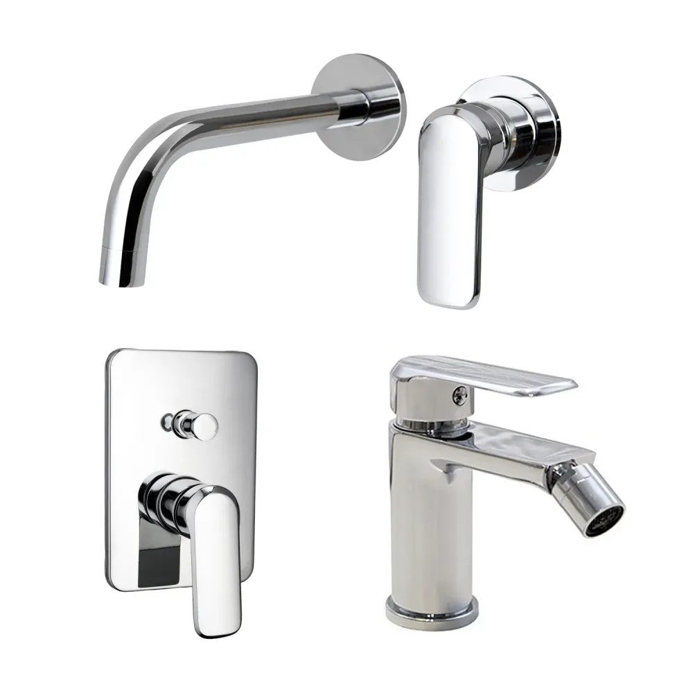 Composition built- basin mixers, bidet and 2-way square shower Hopper mixers chrome-plated geel koper
