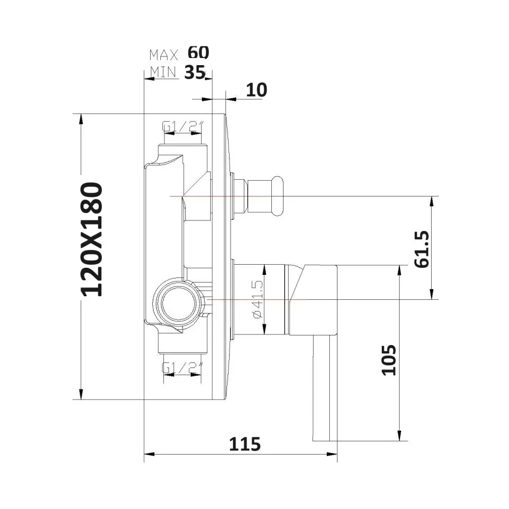 Composition built- basin mixers, bidet and 2-way square shower Hopper mixers chrome-plated geel koper