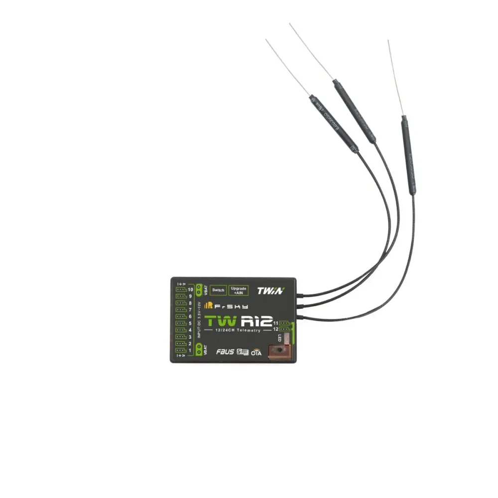 FrSky TW R12 Receiver - Dual 2.4G 12 Configurable Channel Ports, triple antennas, and duaal XT30 power input connectors