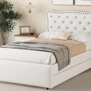 Gestoffeerd bed linnenstof met 2 lades - 90x200cm - hoofdeinde versierd met klinknagels - Ecru
