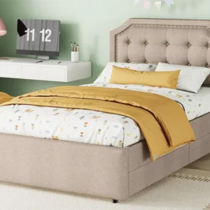 Gestoffeerd bed linnenstof met 2 lades - 90x200cm - hoofdeinde versierd met klinknagels - Taupe - Vervaardigd volgens DIN-...