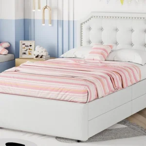 Gestoffeerd bed linnenstof met 2 lades - 90x200cm - hoofdeinde versierd met klinknagels - Lichtbruin