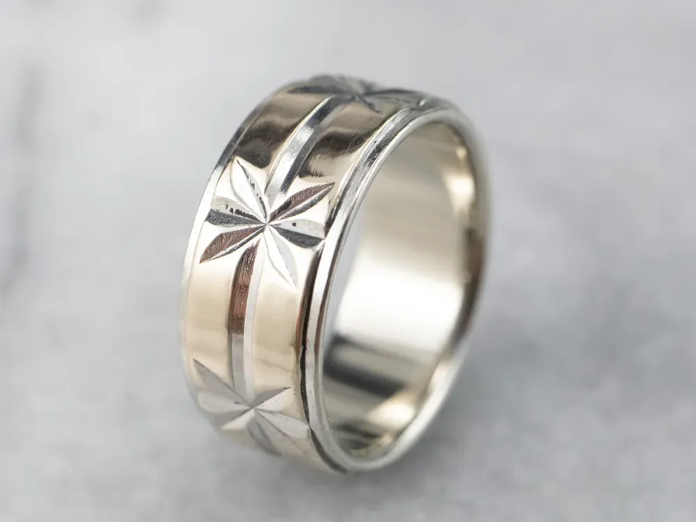Industrieel Zwaar Belast Two Tone Goud Star Patterned Band Ring