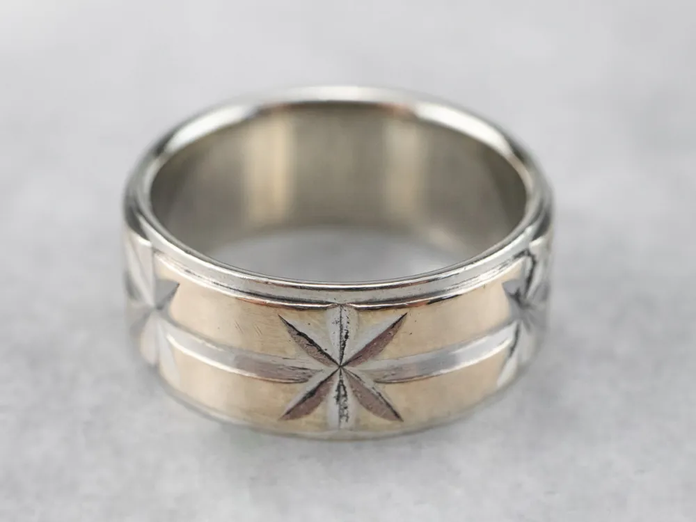Industrieel Zwaar Belast Two Tone Goud Star Patterned Band Ring