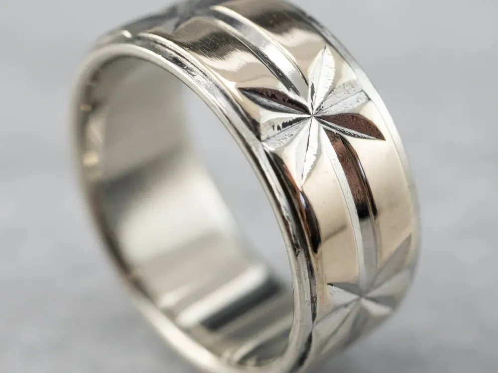 Industrieel Zwaar Belast Two Tone Goud Star Patterned Band Ring