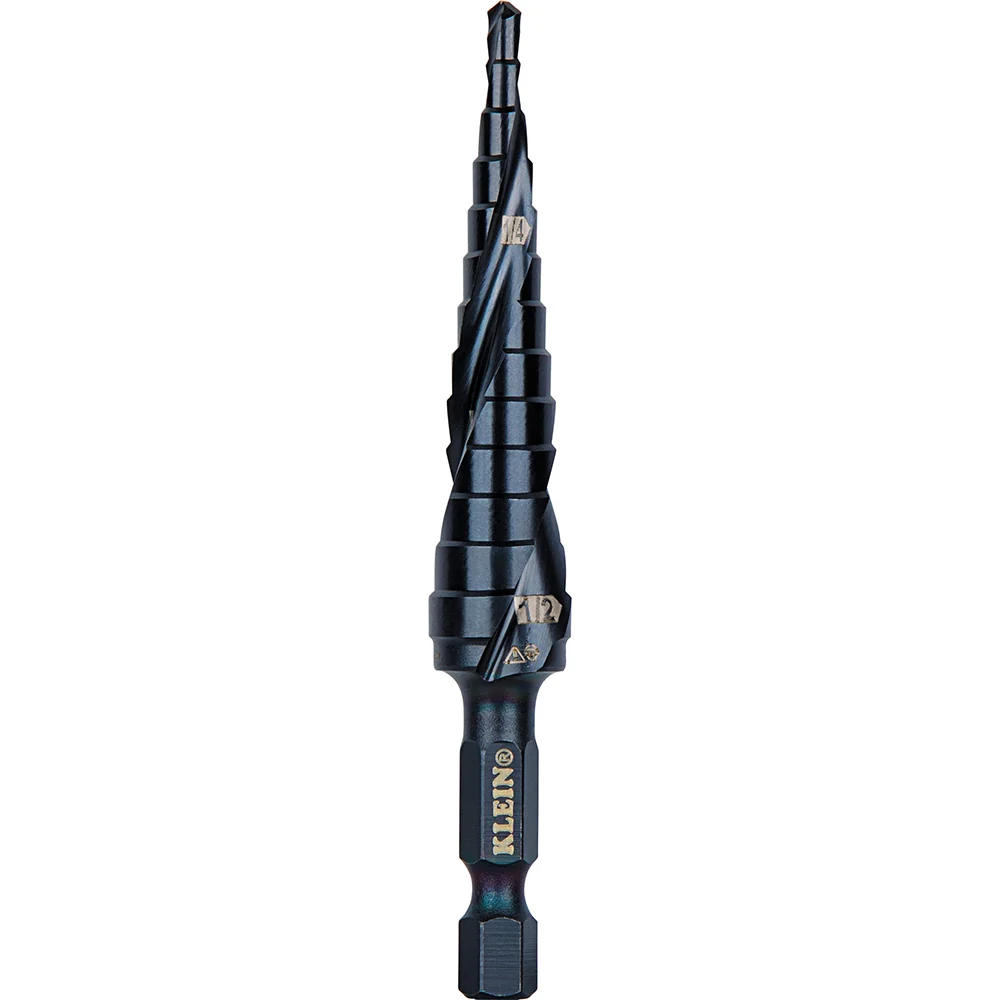 KLEIN TOOLS Step Drill Bit, Quick Release, Double Spiral Flute, 1/8 to 1/2-Inch