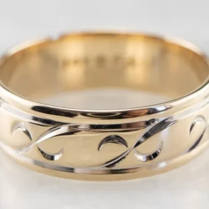 Patterned Two Tone Gold Wedding Band