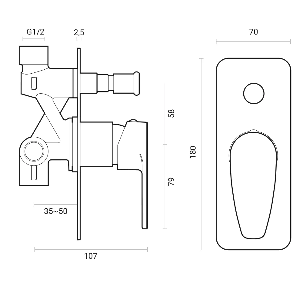 Roestvrij Staal Built- Orion shower mixer 2-way diverter chrome-plated messing Slim plate