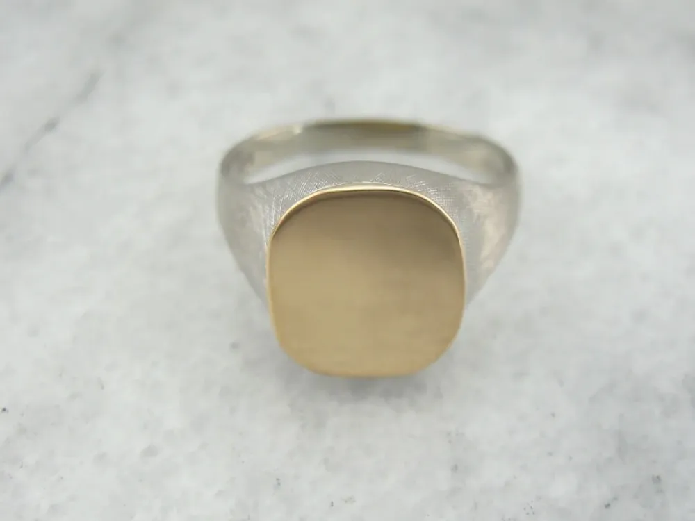 Two Tone Textured Signet Ring, White and Yellow Gold