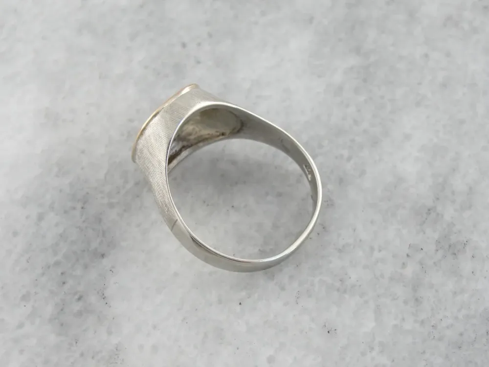 Two Tone Textured Signet Ring, White and Yellow Gold