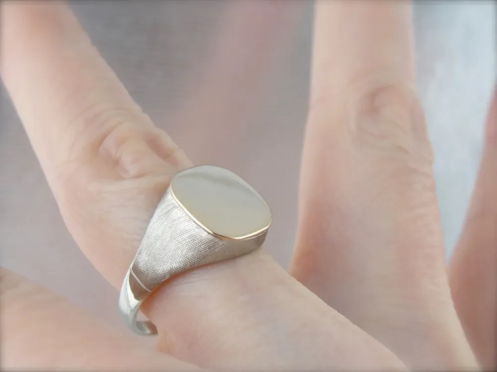 Two Tone Textured Signet Ring, White and Yellow Gold