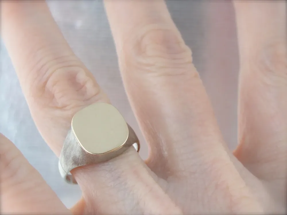 Two Tone Textured Signet Ring, White and Yellow Gold