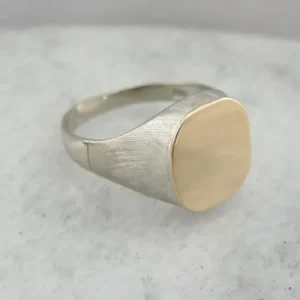 Two Tone Textured Signet Ring, White and Yellow Gold