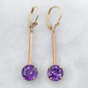 Two Tone Yellow and Rose Goud Round Cut Amethyst Bar Drop Earrings