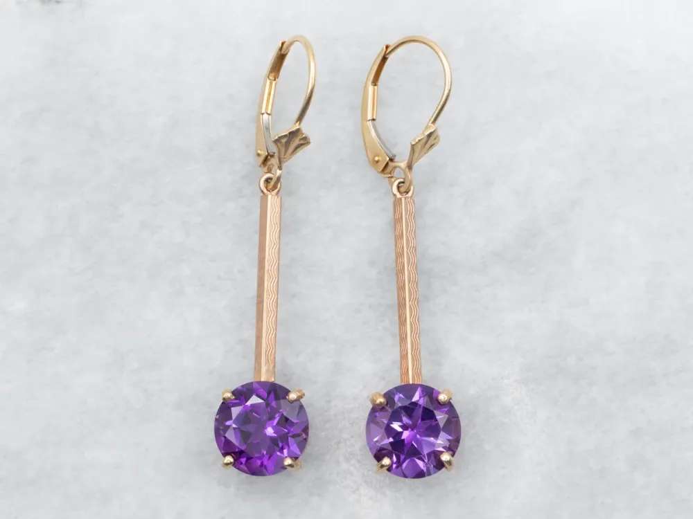 Two Tone Yellow and Rose Goud Round Cut Amethyst Bar Drop Earrings