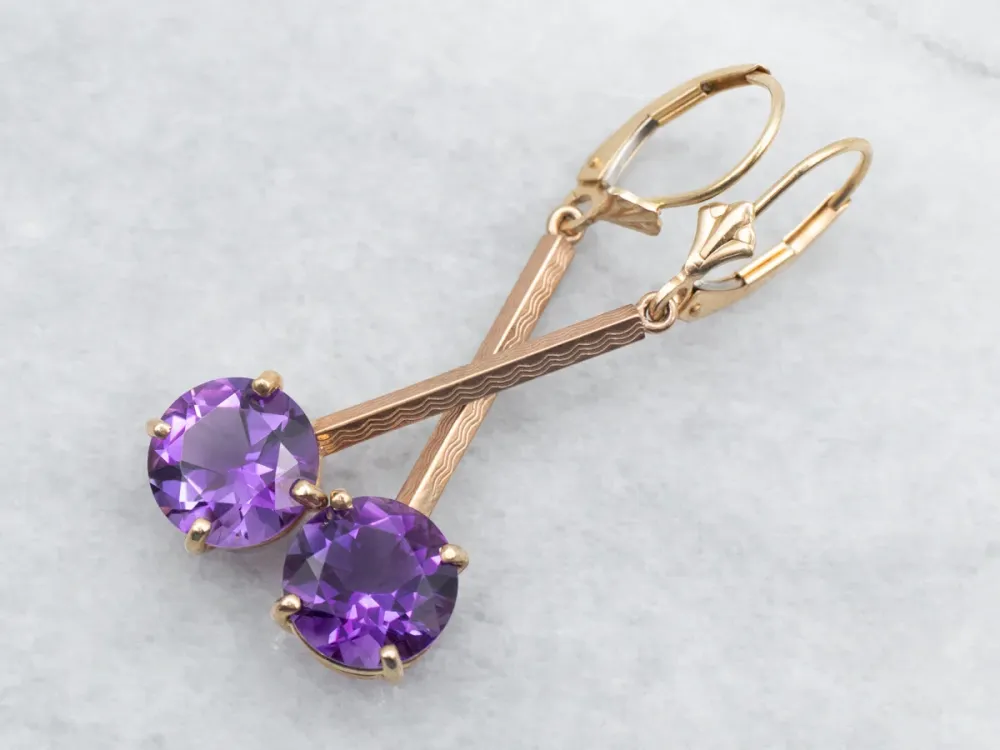 Two Tone Yellow and Rose Goud Round Cut Amethyst Bar Drop Earrings