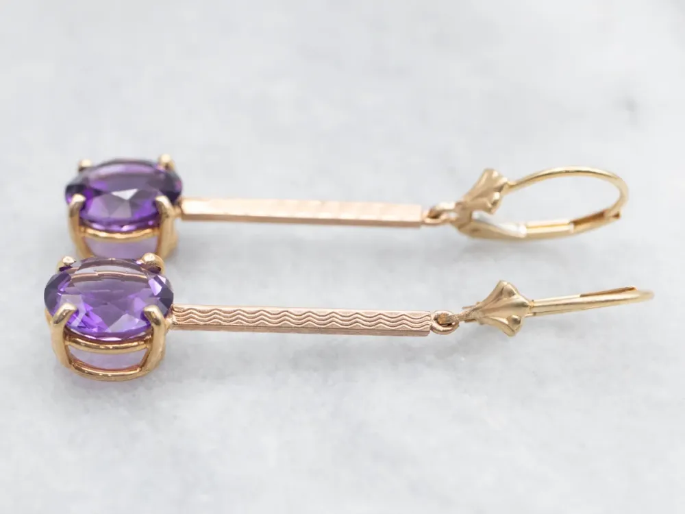 Two Tone Yellow and Rose Goud Round Cut Amethyst Bar Drop Earrings