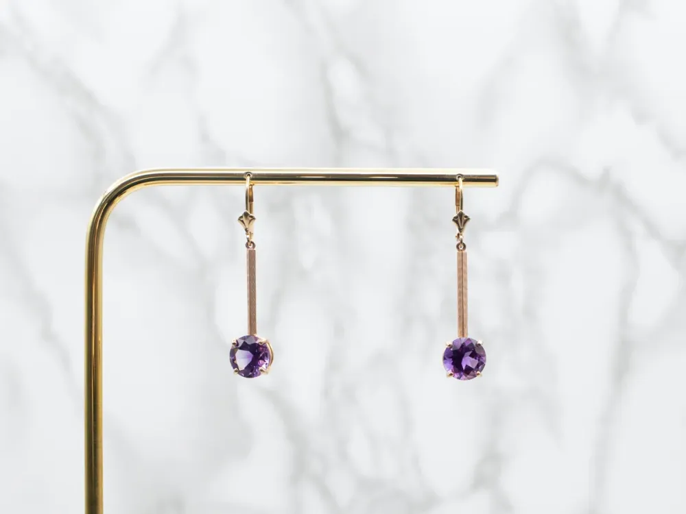 Two Tone Yellow and Rose Goud Round Cut Amethyst Bar Drop Earrings