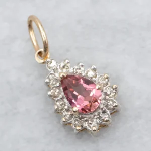Two Tone Yellow and Sneeuwwit Gold Pear Cut Pink Tourmaline Pendant Diamond Halo