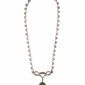Two Verguld, Emerald Cabochon & Paving Diamonds Necklace - Vervaardigd volgens DIN-norm