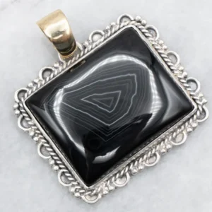 Mixed Metal Rectangular Banded Onyx Pendant Twisted Frame