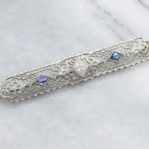 Art Deco Diamond and Synthetic Sapphire Wit Gold Filigree Pin | Nauwkeurige passing | Slijtvast