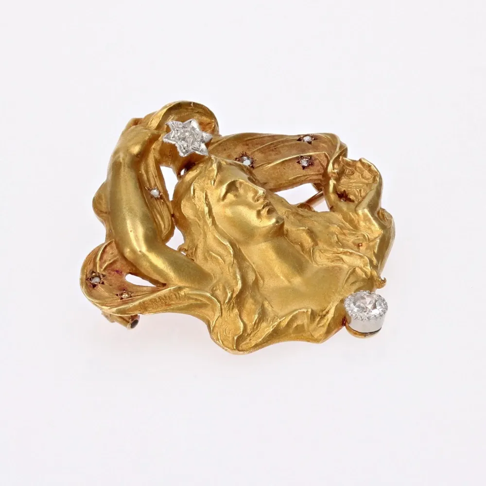Art Nouveau gouden diamond brooch branded Vernon