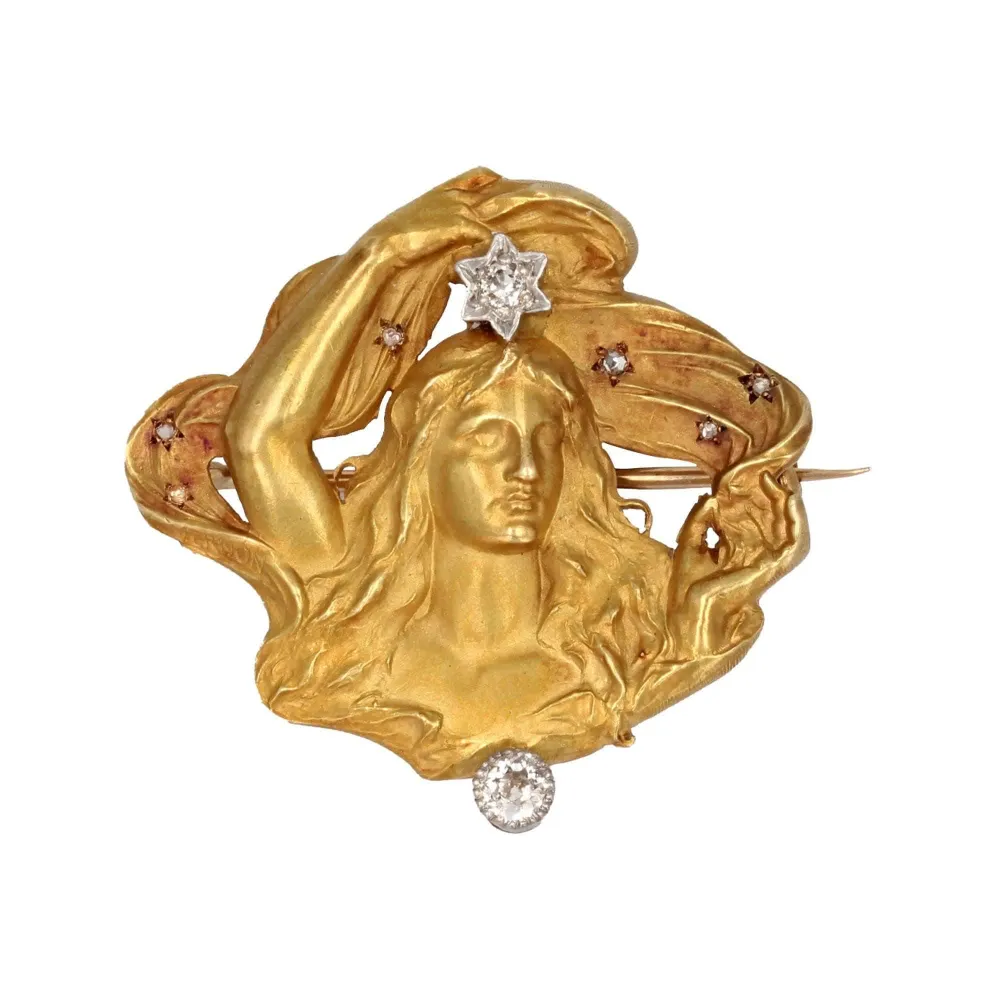 Art Nouveau gouden diamond brooch branded Vernon