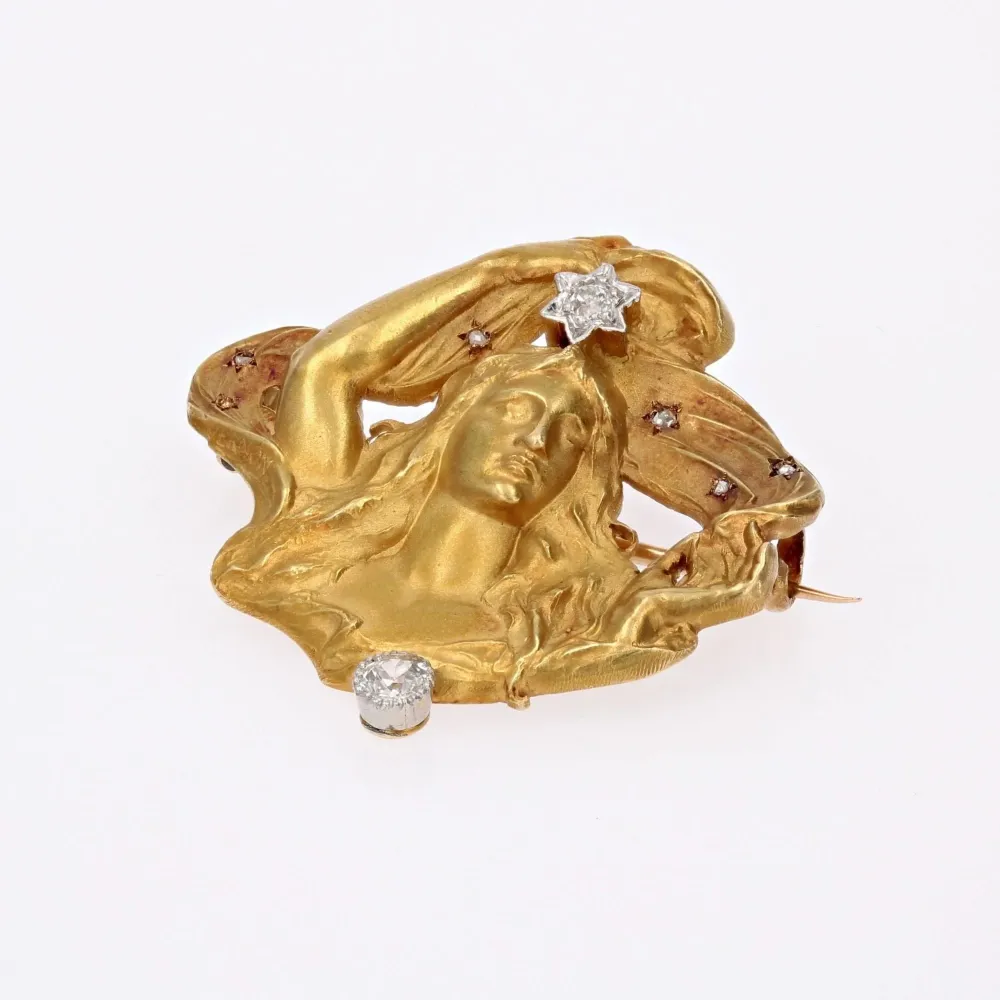 Art Nouveau gouden diamond brooch branded Vernon
