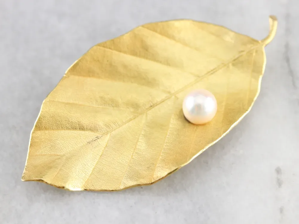 Grepen High Karat Gouden Pearl Leaf Brooch
