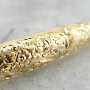 Ornately Engraved Floral Motif Gold Brooch